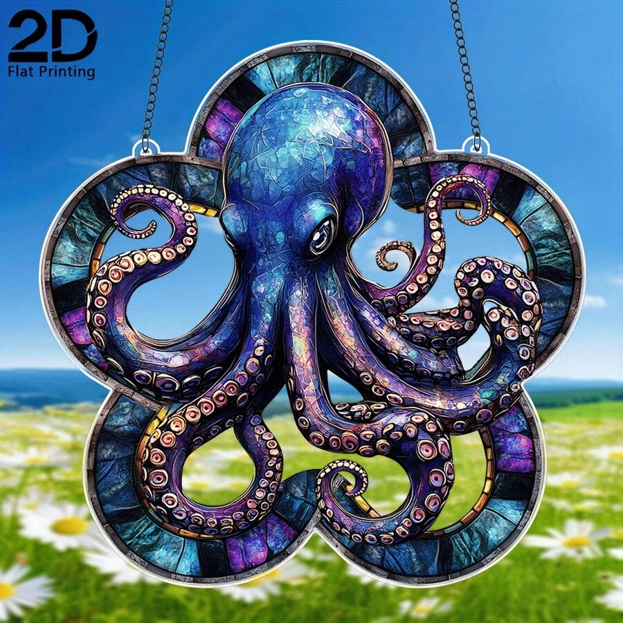 2D Flat Acrylic Bohemian Style Blue Octopus Sun Catcher, Garden Decor, Acrylic Colorful Window Hanging Decoration, Beautiful And Durable Home Decor, Ocean Theme Room Decoration, Suitable For Living Room, Porch. - A - View 1
