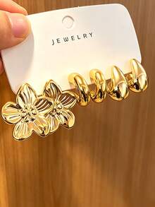 Set Anting Wanita Modis 6-18 Buah, Termasuk Desain Bunga, Geometris, dan Bertekstur, Cocok Dipadukan dengan Berbagai Gaya - Emas - View 3