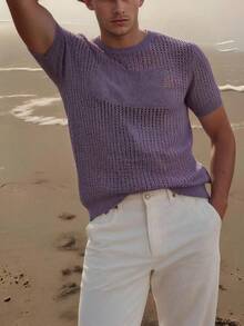 MEN'S ROUND NECK SHORT-SLEEVED KNITTED SWEATER - Dusty Purple - View 1