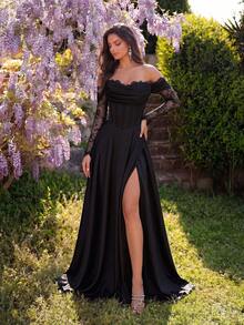 ADYCE Elegant Off Shoulder Long Sleeve Waisted Backless Bodycon Tie-Back Lace High-Slit Fishbone Christmas Prom Gown Homecoming Wedding Guest Formal Dinner - Black - View 5