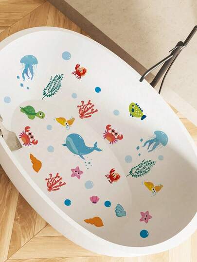 6pcs Ocean Life Waterproof Bath Tub Decals Cute Whale Starfish Coral Shell Stickers Removable For Kids Playroom Bathroom Wall Tub Surface Decor