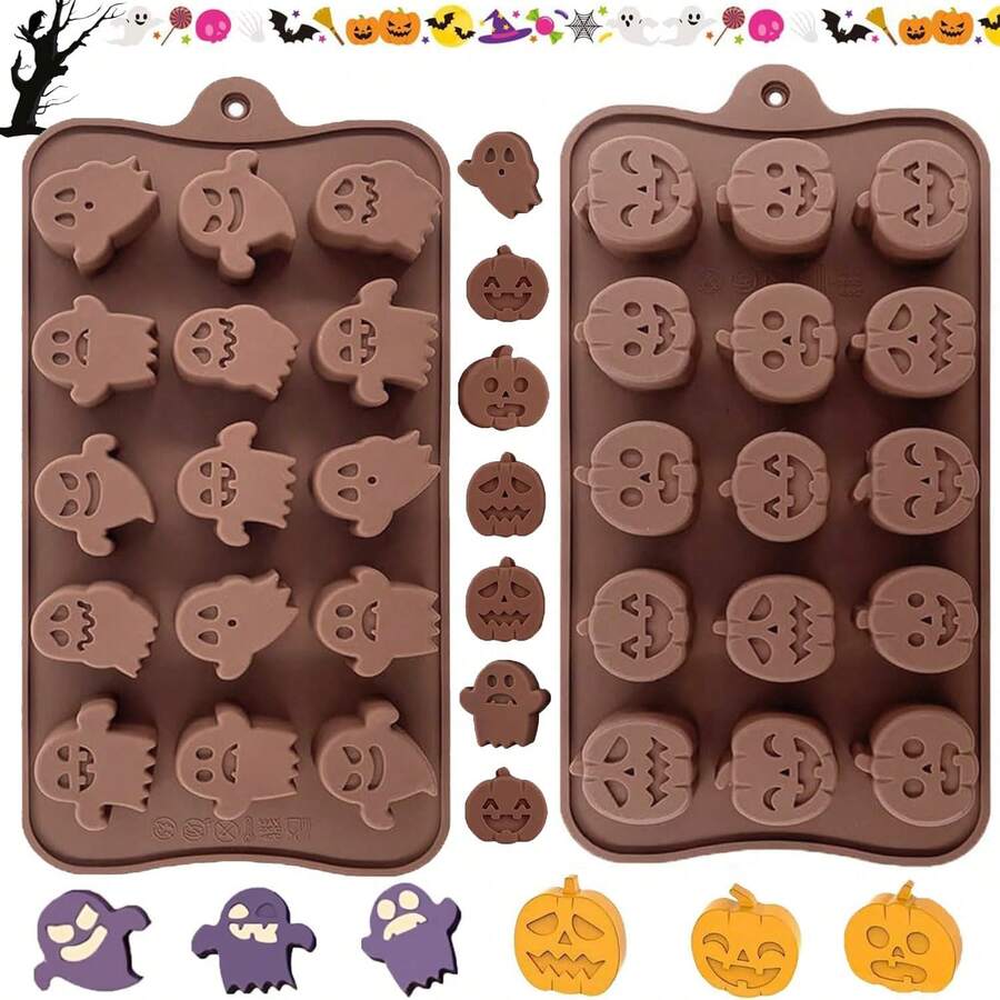 1/2pcs Halloween Candy Molds Pumpkin And Ghost Silicone Chocolate Molds, Trick Or Treat Molds For Halloween, Molds For Making Chocolate, Gummies, Cookies, Jelly - Brown - View 1