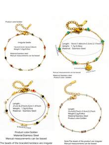 VceTd 4PCS/1PC Vintage Style Colorful Beaded Adjustable Stainless Steel Women's Bracelet Set, Suitable For Daily Wear, Layering Or Summer Gift For Friends - Yellow Gold - View 2