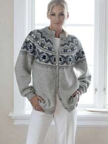 Women's Plus Size Fair Isle Pattern Knit Button Cardigan Long Sleeve Casual Sweater, Fashionable Outerwear Fall - Grey - View 6