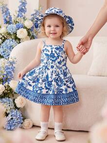 2pcs Set Gaun Kasual Elegan Motif Bunga untuk Bayi Perempuan + Topi, Ringan untuk Musim Semi/Panas - MultiWarna - View 2