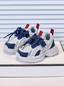 1 Paio di Scarpe Sportive per Bambini in PU Multicolore Patchwork, Nuove Scarpe Atletiche per Bambini Primavera/Autunno, Scarpe Antiscivolo e Resistenti all'Usura per Ragazzi & Ragazze, Scarpe Casual Traspiranti Versatili per Uso Esterno - Blu - Visualizzare 2
