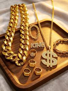 9pcs/Set Hip Hop Punk Gold Necklace Exaggerated Big Gold Chain Wealth Fortune Gold Ring Set, Retro Punk Style, Suitable For Party, Gathering, Halloween, COS - 9 Gold Pieces - View 6