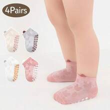 4 đôi tất thuyền lưới mỏng bằng cotton thoáng khí họa tiết tối màu có chấm chống trượt cho trẻ sơ sinh và trẻ chập chững - Nhiều màu - Xem 6