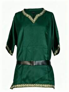 Men's Dark Green Medieval V-Neck Short Sleeve Gold Trim Cosplay Costume, With Black Belt, Renaissance Style Halloween Performance Outfit - Green - View 7