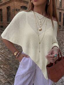 Jennie Growth Women's White Transparent Knit Cape Top, Off-Shoulder Asymmetrical Hem Lightweight Shawl Loose Cover-Up Casual Pullover, Suitable For Spring/Summer Streetwear, Brunch, Coffee Date, Beach Vacation, Swim Cover-Up, Weekend Getaway, Office Wear, Concert, Holiday Party, Shopping, Lounging At Home - Off White - View 4