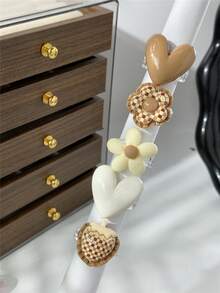 5pcs Unique Exquisite Creative Checkerboard, Brown Floral, Strawberry, Heart Ring Set, Suitable For Women's Holiday Party Date Daily Wear Gift - Brown - View 2