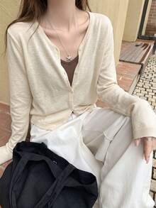 秋冬韓系甜美休閒風基本款V領針織開襟外套 女款百搭素色上衣顯瘦長袖夾克/單穿 早秋新款Ins風 - 杏色 - 查看 2