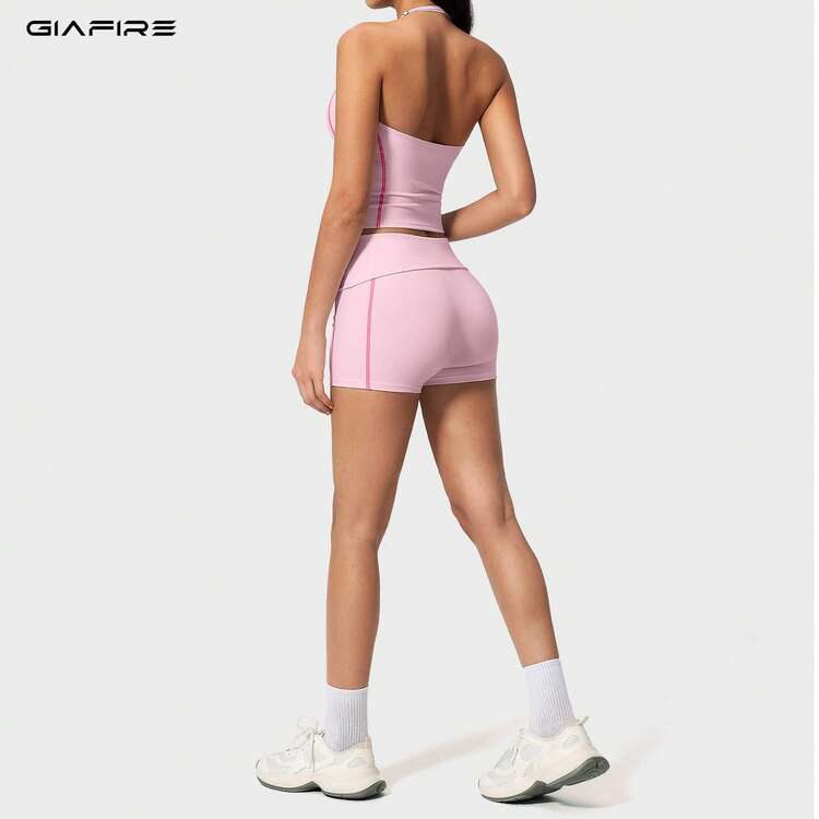 GIAFIRE 2026 新款緊身瑜伽套裝 快乾高腰提臀收腹 皮拉提斯跑步運動內衣與短褲 裸感健身服 戶外跑步休閒女款 2 件套 - 粉色 - 查看 3