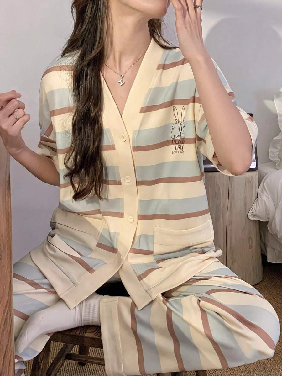 2pcs/Set Cute Print Women's Pajamas Spring Summer Autumn V-Neck Short Sleeve Long Pants Skin-Friendly Loungewear Set - Apricot - View 1