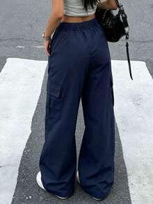 1pc Tween Girls Casual Butterfly Print Loose Cargo Pants With Pockets, Comfortable & Versatile - Navy Blue - View 2