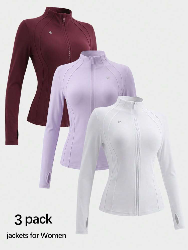 3 Women's Sports Jackets With Thumb Holes, Small Stand Up Collar, Streamlined Zipper Long Sleeved Jacket, Low Impact Yoga Daily Wear - Multicolor - View 9