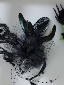 1 pièce Masque de mascarade gothique vintage en dentelle noire, décoré de détails de toile d'araignée et de plumes, convient pour une fête d'Halloween - Noir - Voir 4
