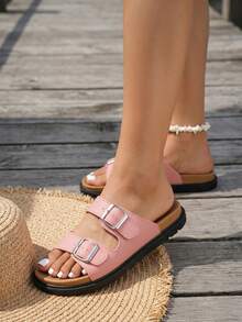 Women Comfort Slide Sandals With Double Buckle Straps, Open Toe Flat Shoes, Lightweight Casual Slippers For Summer Daily Outfits - Nude Pink - View 3