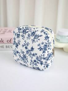 Vintage Ditsy Floral Makeup Bag, Multiple Colors Available, Regular Style, Quilted Diamond Stitching, Cute Print Design Storage Bag, Lightweight Large Capacity, Portable Storage Organizer, Can Store Cosmetics/Sanitary Pads And Other Small Items - Multicolor - View 12