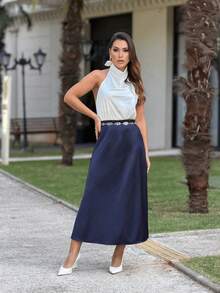 Elegant Casual Satin Midi Skirt - 藏蓝色 - 查看 1