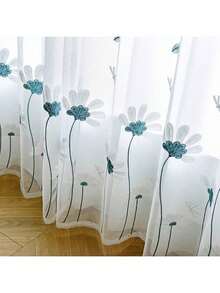 1 pièce Rideau transparent brodé de marguerites françaises & libellules, avec poche à tringle, léger & respirant, artisanat brodé, fil tissé dense, anti-moustiques, lavable, style pastoral élégant pour la décoration de la maison pour les fenêtres & les portes, convient pour la décoration d'accent de la maison des femmes, utilisé dans la chambre, le placard, le salon, la salle à manger, le bureau, la cloison de la maison - Bleu et Blanc - Voir 5