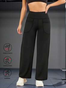 Women's Pocket Yoga Pants Casual Sports Straight Leg High Waist Slimming Tummy Control Dance Wide Leg Long Pants - Black - View 3