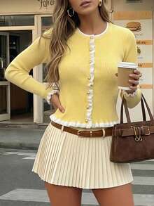 Women's Ribbed Knit Short Cardigan, Decorated With Ruffle Trim And Gold Buttons, Long Sleeve Crew Neck Sweater, Suitable For Spring Wear - Yellow - View 8