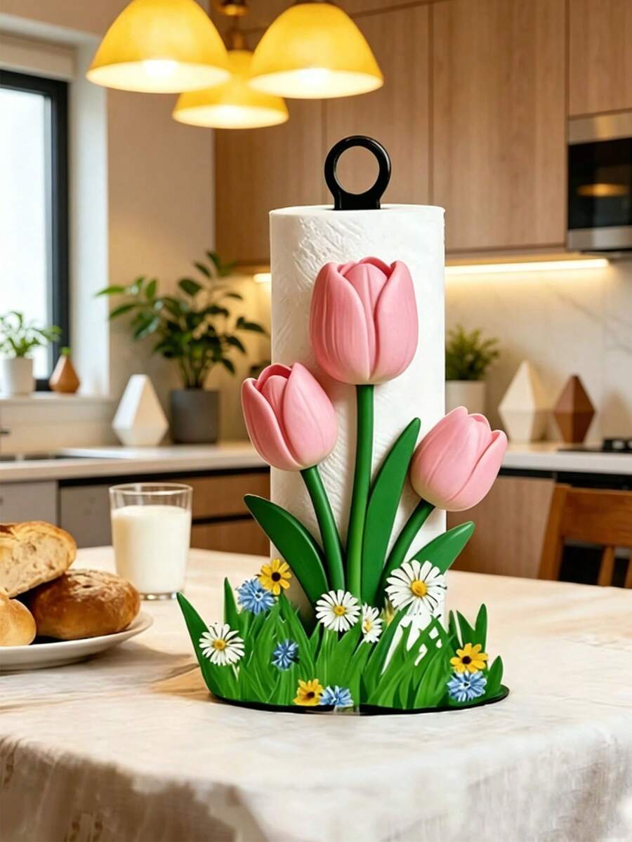 2D Acrylic Kitchen Towel Holder 1pc Pink Tulip Design Elegant Desktop Paper Towel Rack Storage Organizer Without Towels Or Fabric Interesting Gift - Multicolor a - View 1