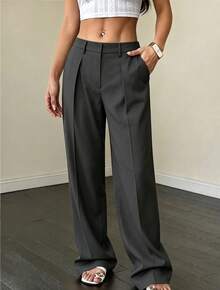 Pantalones de traje de mujer de cintura alta con pliegues y pierna ancha para todas las estaciones, con cinturón, ajuste drapeado, adecuados para oficina, negocios, desplazamientos, uso diario, compras, viajes por la ciudad, reuniones de negocios, citas casuales - Negro - Ver 2