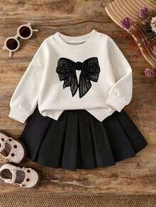 Baby Girl Cartoon Pattern Round Neck Long Sleeve And Skirt - White - View 1