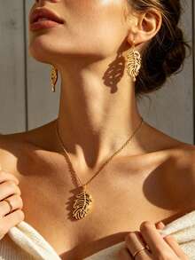 1 Set de Collar con Colgante y Pendientes de Diseño de Pluma Estilo Minimalista Elegante de Acero Inoxidable, Joyería para Mujer, Adecuado para Uso Diario o Asistir a Conciertos o Compromisos, Regalo Perfecto de Vacaciones para Mujeres - Amarillo Oro - Ver 3