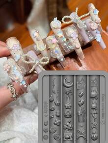 1pc Artistic Nail Art Mold, Chinese Style Osmanthus Jade Rabbit Moon Cake Mid-Autumn Festival 3D Carved Silicone Nail Mold For Press-On Nails - Clear - View 2