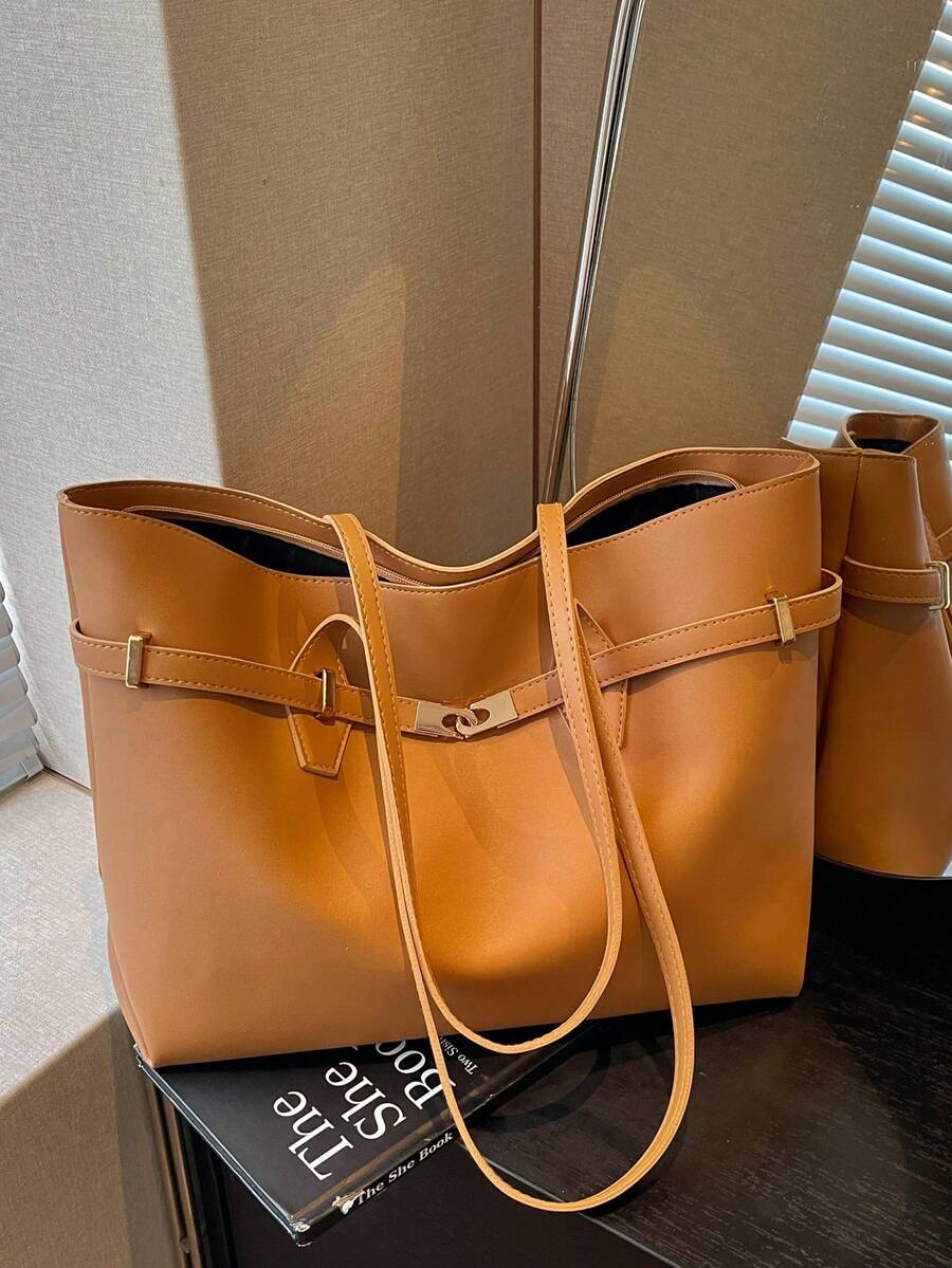 女款 2 件組純色絎縫內袋時尚大容量肩背組合托特包，附壓扣開合，街頭休閒、拍照、日常通勤大包 - 棕色 - 查看 1