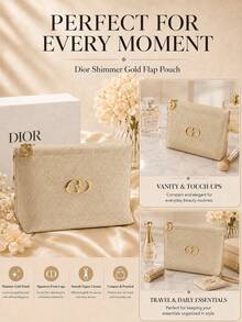 Bolsa de maquillaje tejida metálica dorada Dior 14*20cm, tela perlada, cremallera con estrella & luna, almacenamiento de maquillaje, textura de lujo, adecuada para uso personal y regalos - Dorado - Ver 9