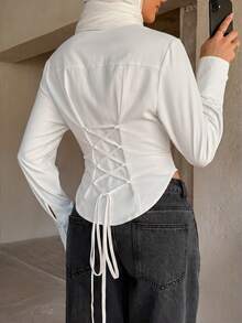 Spring Summer Autumn Minimalist Casual Sexy Elegant Mature Lace-Up Waist-Cinching Lapel Daily Date Valentine's Day Commute Women's Shirt White - White - View 6