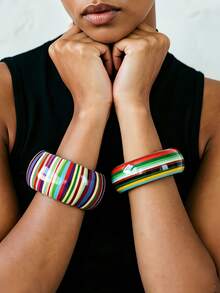 2pcs Color Block Striped Wide Acrylic Bracelets, Sweet Girl Layered Bangle Accessories Suitable For Women's Daily Wear - 2-piece Colorful Bracelet Set - View 9
