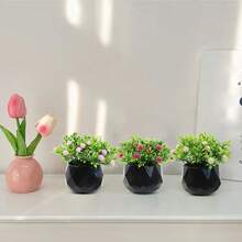 Chậu cây nhân tạo họa tiết hình thoi đen trắng, hoa baby trang trí, 6 kiểu dáng, nhỏ gọn thanh lịch, không cần chăm sóc, phù hợp trang trí bếp, văn phòng, bậu cửa sổ, phòng ngủ và các không gian khác - Chậu đen - hoa hồng - Xem 7