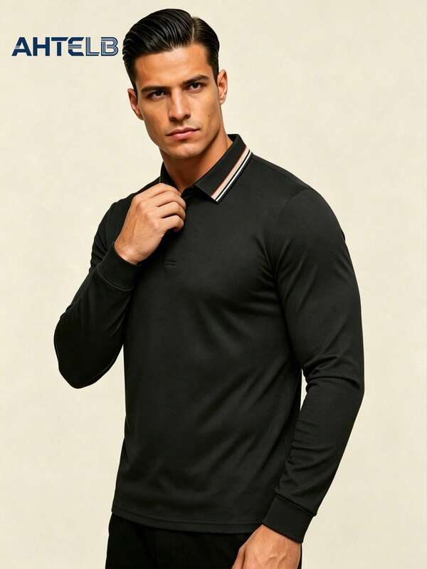 AHTELB Polo a maniche lunghe da uomo, colletto a righe a contrasto, maglietta a maniche lunghe slim fit, canottiera, polo da golf fresca per esterni, regalo per marito, fidanzato, amico, cliente, padre, abbigliamento da palestra da uomo, maglietta da uomo, top da uomo, abbigliamento da uomo, magliette da uomo