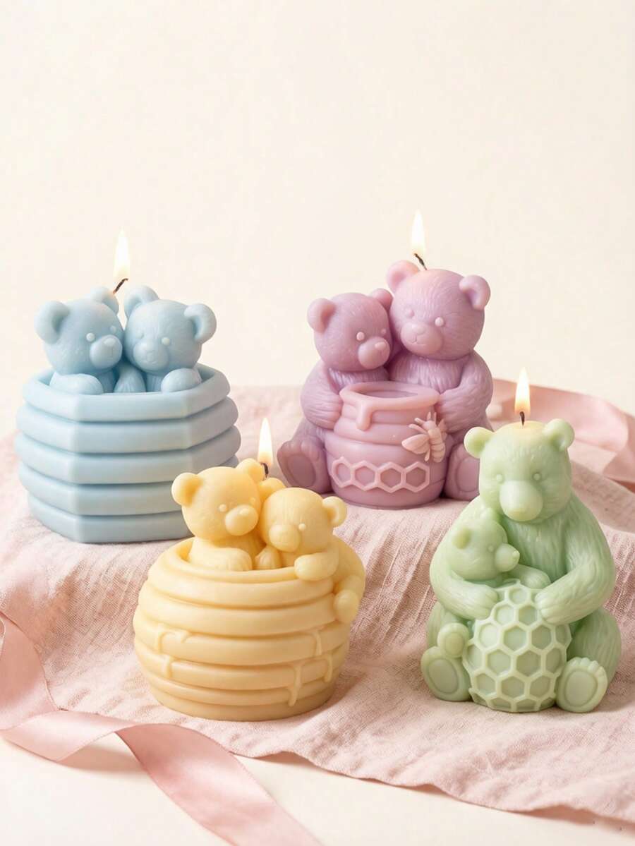 Hugging Bear Honey Jar Silicone Mold, 3D Mother & Baby Bear Designs, 3 Styles: Honeycomb Jar, Hugging Honeycomb, Honeycomb Barrel Bear, Soft Silicone Easy Release & Durable, For DIY Aromatherapy Candles, Handmade Soaps, Plaster Ornaments, Cute Rounded Finished Shapes, DIY Gifts & Desktop Decor - Hug Bear & Honey Pot - View 1