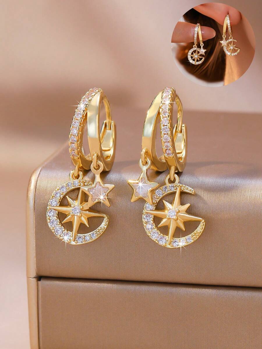 1 Pair Minimalist Luxury Zirconia Star Earrings, Gold-Plated Wide ...