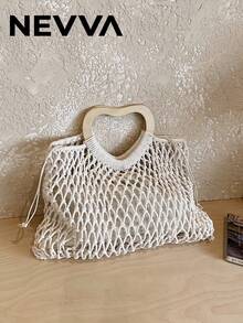 NEVVA 1 pieza Bolso de mano minimalista de verano, bolso cubo tejido de moda para mujeres, estudiantes, campus, versátil, mochila de paja tejida de gran capacidad que puede contener libros, bolso de viaje - Blanco - Ver 1