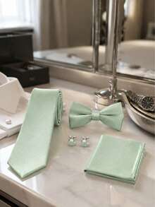4pcs Mint Green Solid Color Textured Tie, Bow Tie, Cufflinks, Pocket Square Business Banquet Men's Formal Suit Accessories Set - Mint Green - View 4