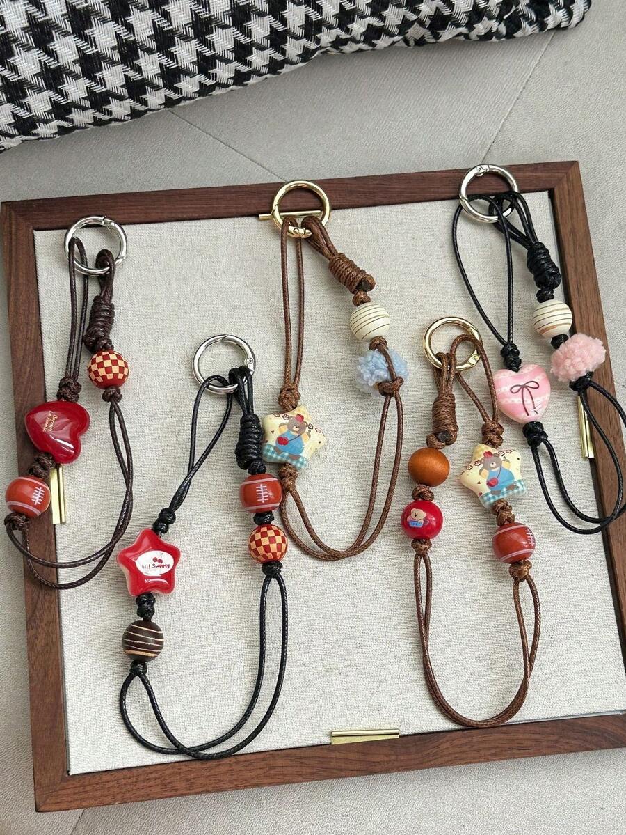 1 Piece Simple Colorful Star-Shaped Heart String Bead Pendant, Fashionable Woven Rope Bag Pendant Accessory - Multicolor - View 1
