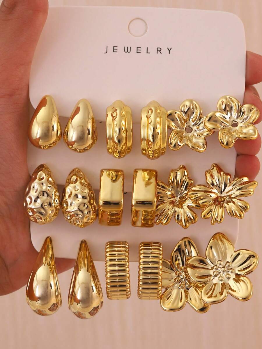 6-18pcs Set European And American Luxury Glossy Gold Earrings Combination Hammered Water Drop Flower Geometric C Hoop Versatile Earrings Set - Gold - View 1