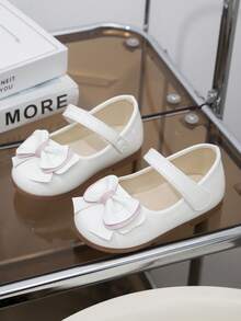 Girls Baby Pink Trim Double Layer Bow White Glossy Mary Jane Flat Shoes With Hook And Loop Strap, Suitable For Party Wear - White - View 3