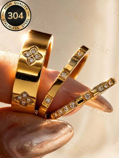 Znice 2026 New 14K Gold 3-Diamond 8-Diamond Full Diamond Fashion Creative Summer Women's Shiny Square Diamond Ring, Waterproof Stainless Steel, No Fading, Suitable For Daily Wear, Party, Gathering, Mother's Day Gift