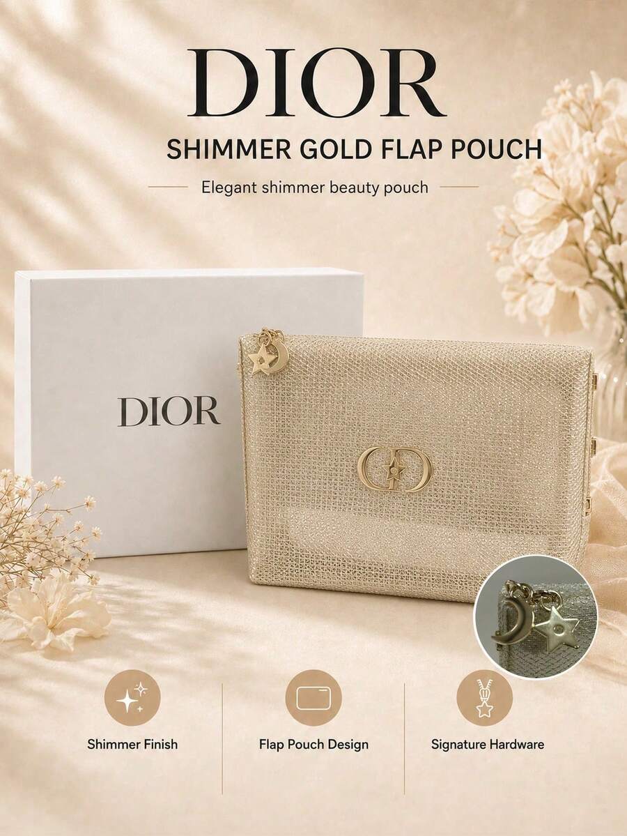 Bolsa de maquillaje tejida metálica dorada Dior 14*20cm, tela perlada, cremallera con estrella & luna, almacenamiento de maquillaje, textura de lujo, adecuada para uso personal y regalos