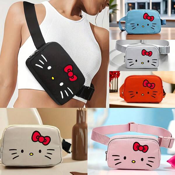 SANRIO Kt Cat Cartoon Pattern Casual Sports Waist Bag With Zipper, Mobile Phone Bag For Girls, Outdoor Sports Waist Bag