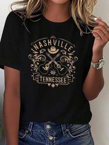 Nashville Tennessee Crossed Guitars Cowboy Hat Vintage Western Graphic Tee, Country Music Retro Scroll Black Short Sleeve Concert Casual Women To - Black - View 7