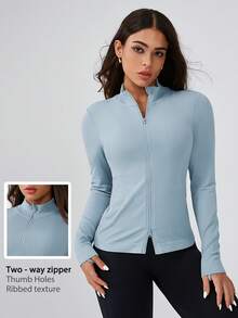Leorrey 1pc Women's Ribbed Double Zipper Stand Collar Fitness Workout Yoga Running Cycling Long Sleeve Sports Jacket - Baby Blue - View 1